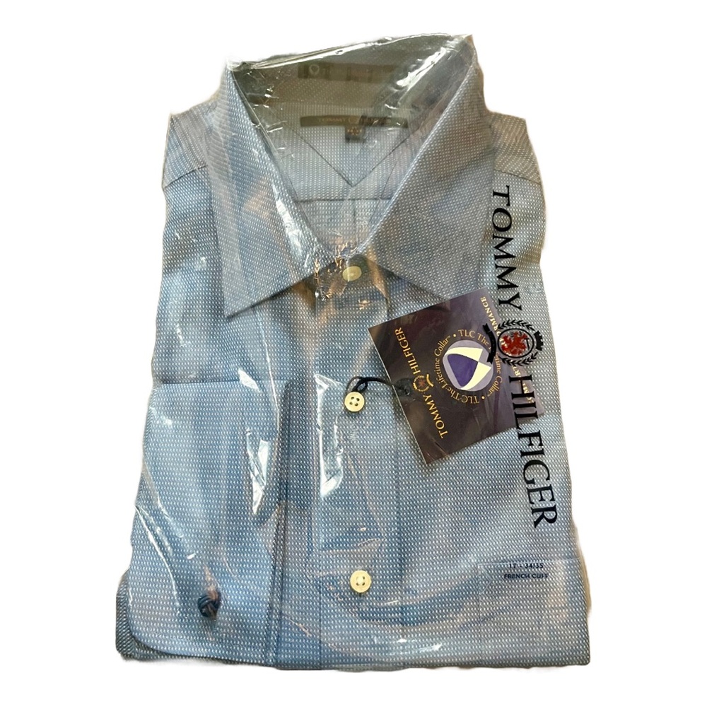 Tommy Hilfiger XL Blue and White Dotted Collared Button Down French Cuff Shirt